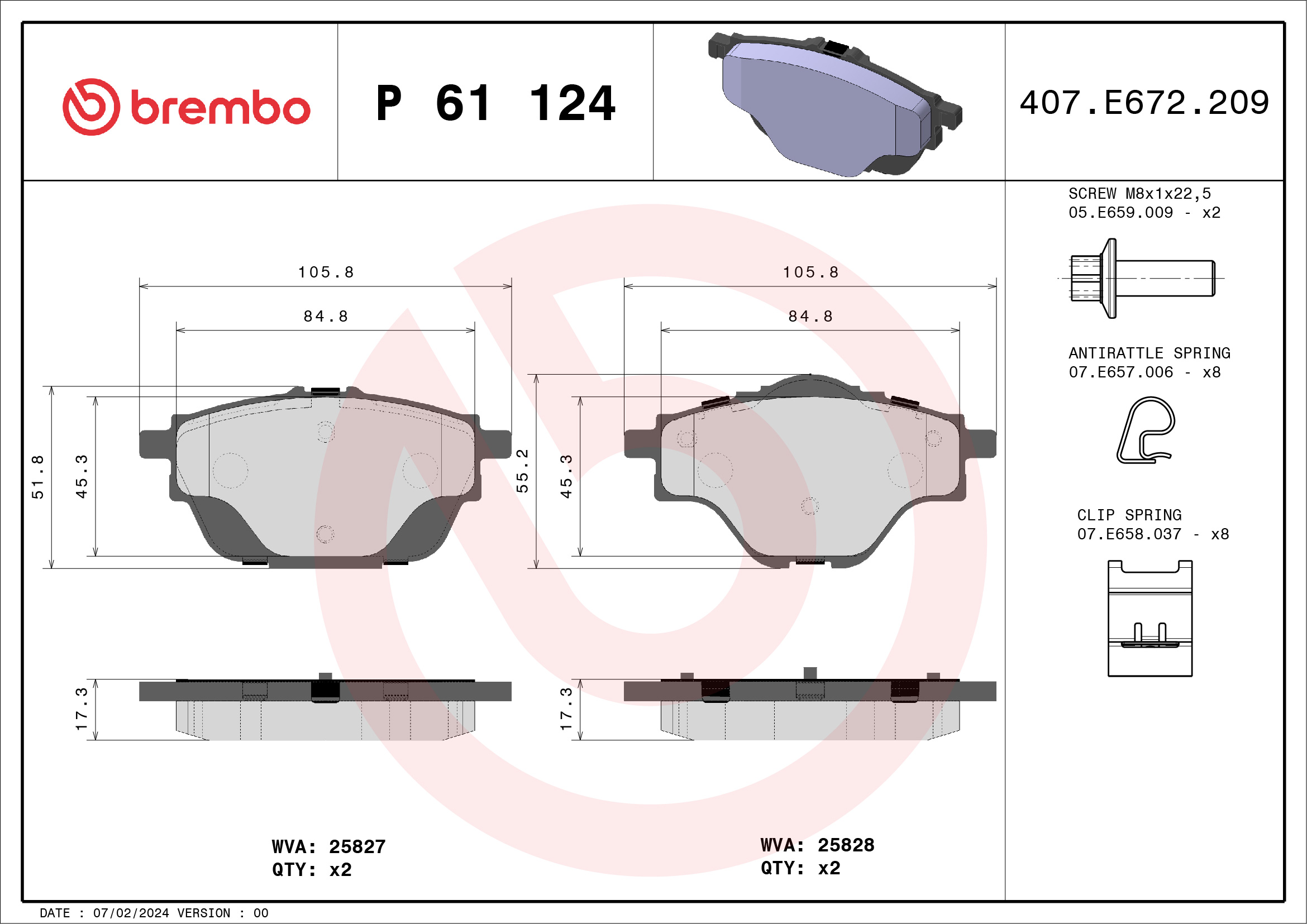 BREMBO zadnje kočione pločice Peugeot 308 508 Citroen C4 DS Opel P 61 124