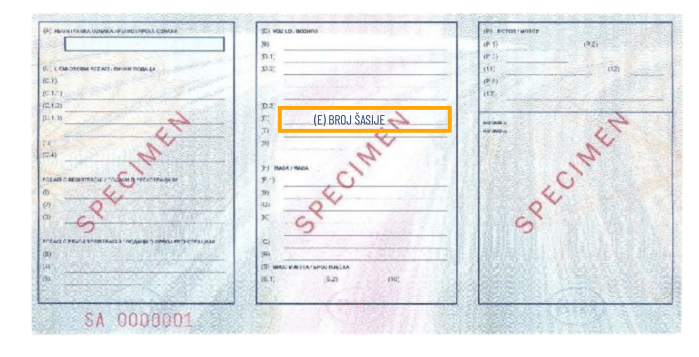 Broj šasije na saobraćajnoj dozvoli BiH – označeno polje E na poleđini potvrde o registraciji